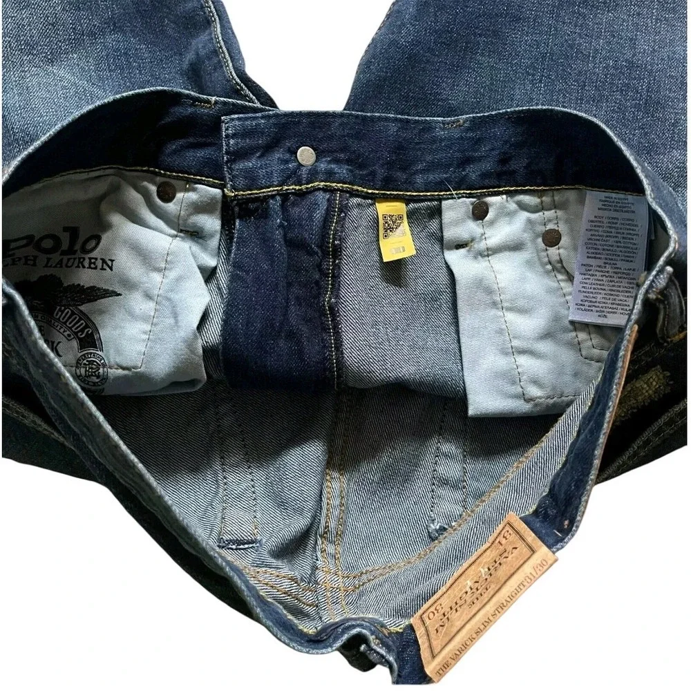 Polo Ralph Lauren Varick Slim Straight Jeans Dark Wash Distressed Mens 34x30 New
